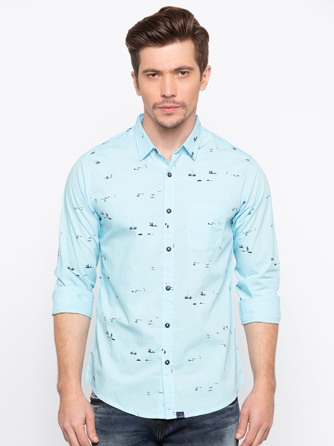 Spykar Men Aqua Printed Slim Fit Casual Shirt