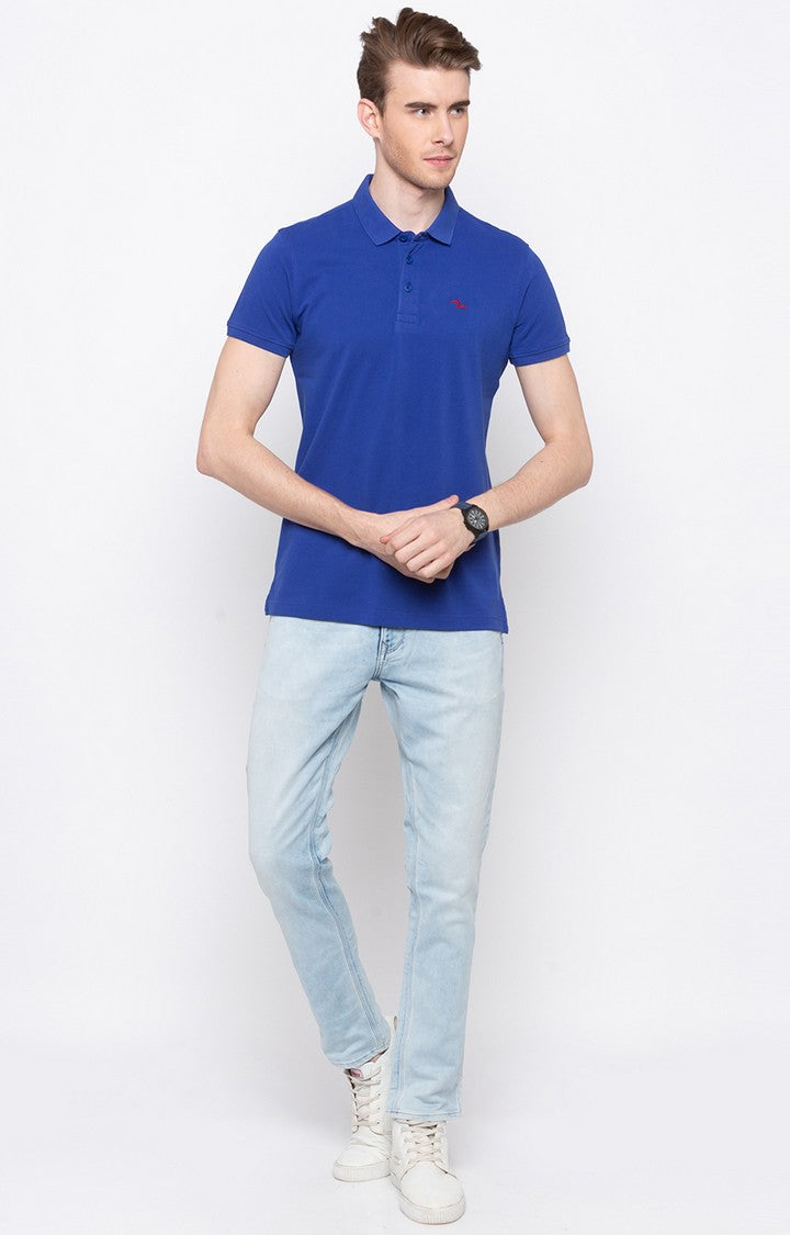 Spykar Royal Blue Solid Slim Fit Polo T-Shirt