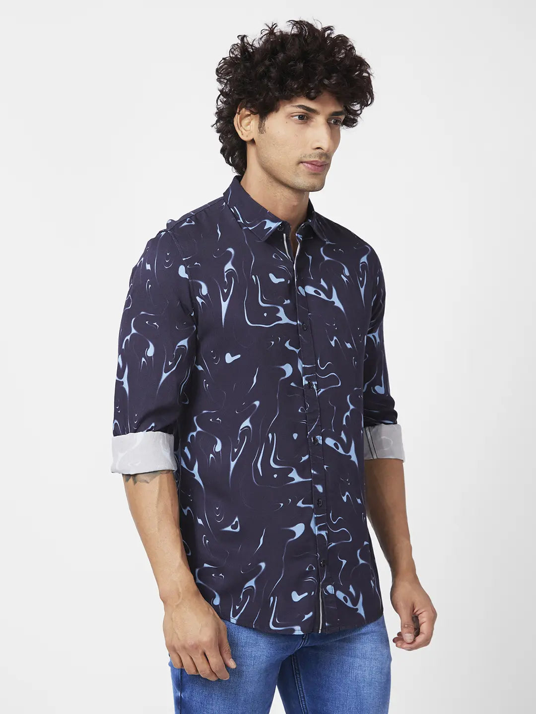 Spykar Men Navy Blue Viscose Regular Slim Fit Full Sleeve Causal Printed Shirt
