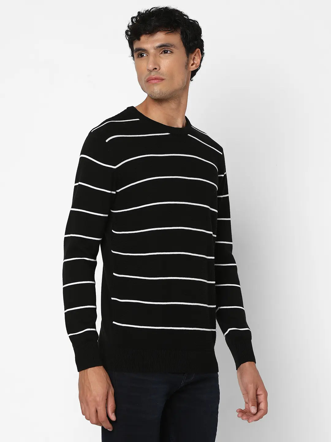 Spykar Men Black Cotton Regular Fit Full Sleeve Round Neck Striped Sweater