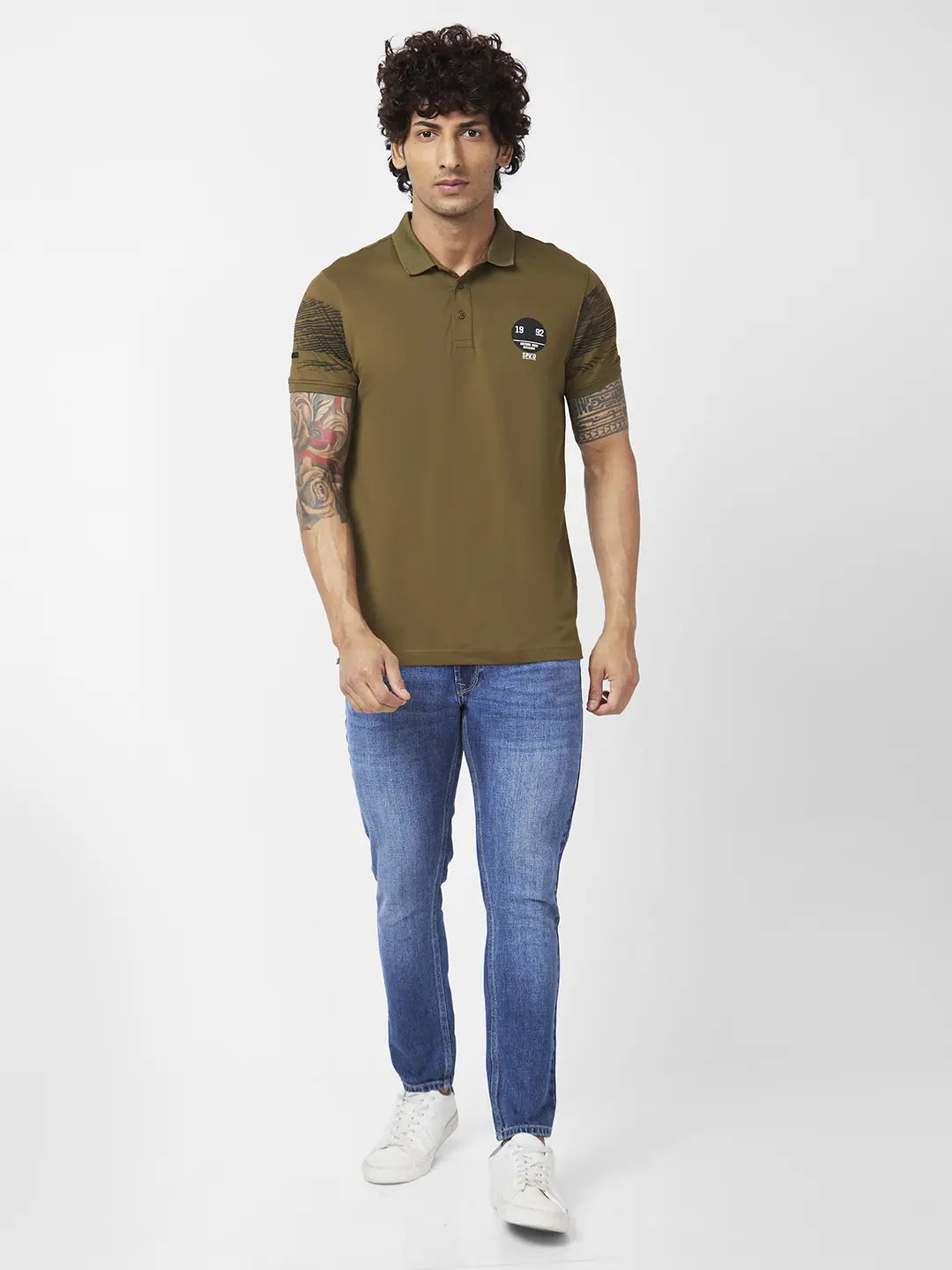 Spykar Men Military Green Blended Slim Fit Half Sleeve Polo Neck Plain Tshirt