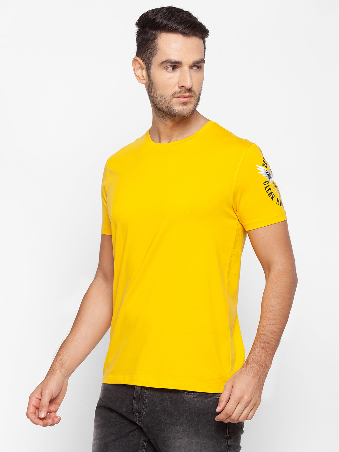 Spykar Men Yellow Cotton Slim Fit Round Neck T-Shirt