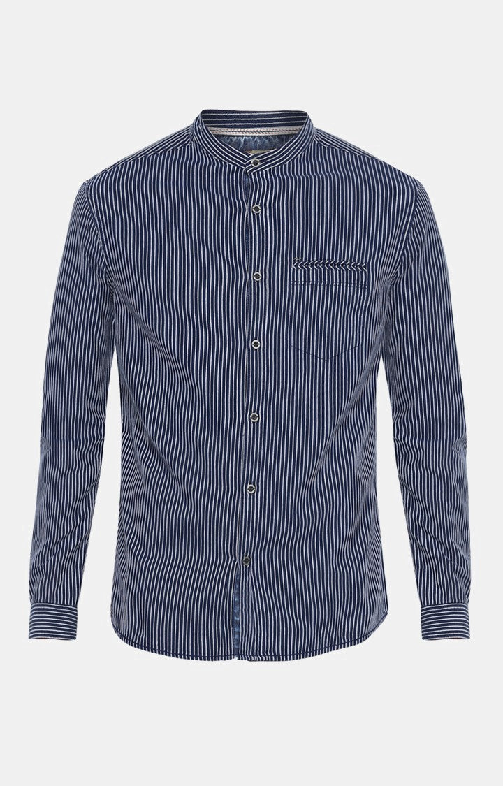 Spykar Men'S Blue Cotton Striped Casual Shirts