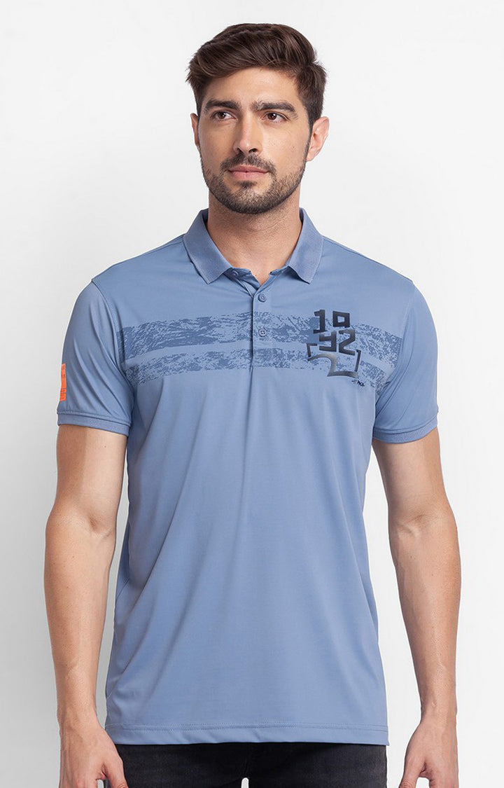 Spykar Dark Smoke Blue Cotton Half Sleeve Printed Casual Polo T-Shirt For Men