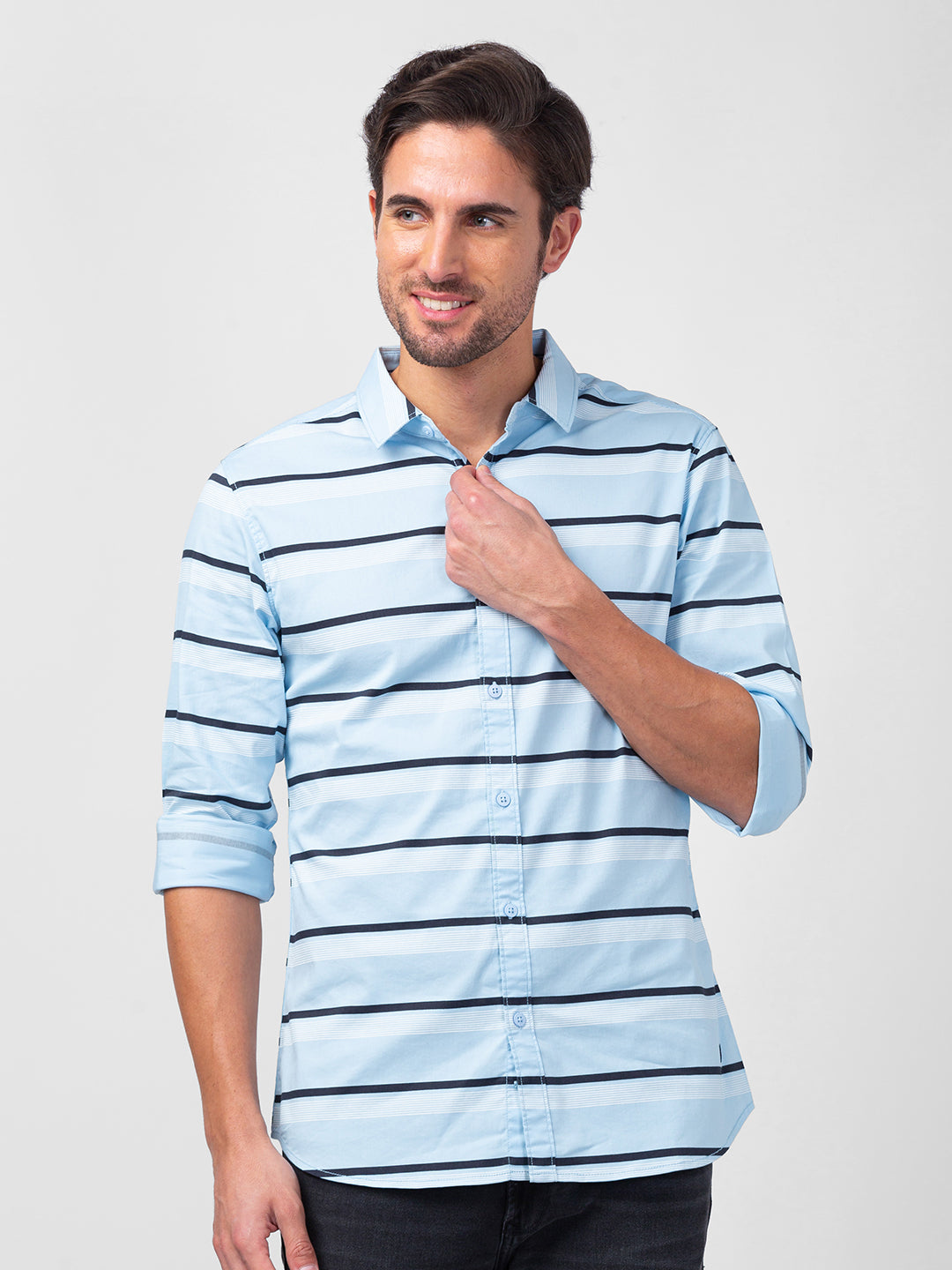 Spykar Men Sky Blue Cotton Slim Fit Striped Shirts