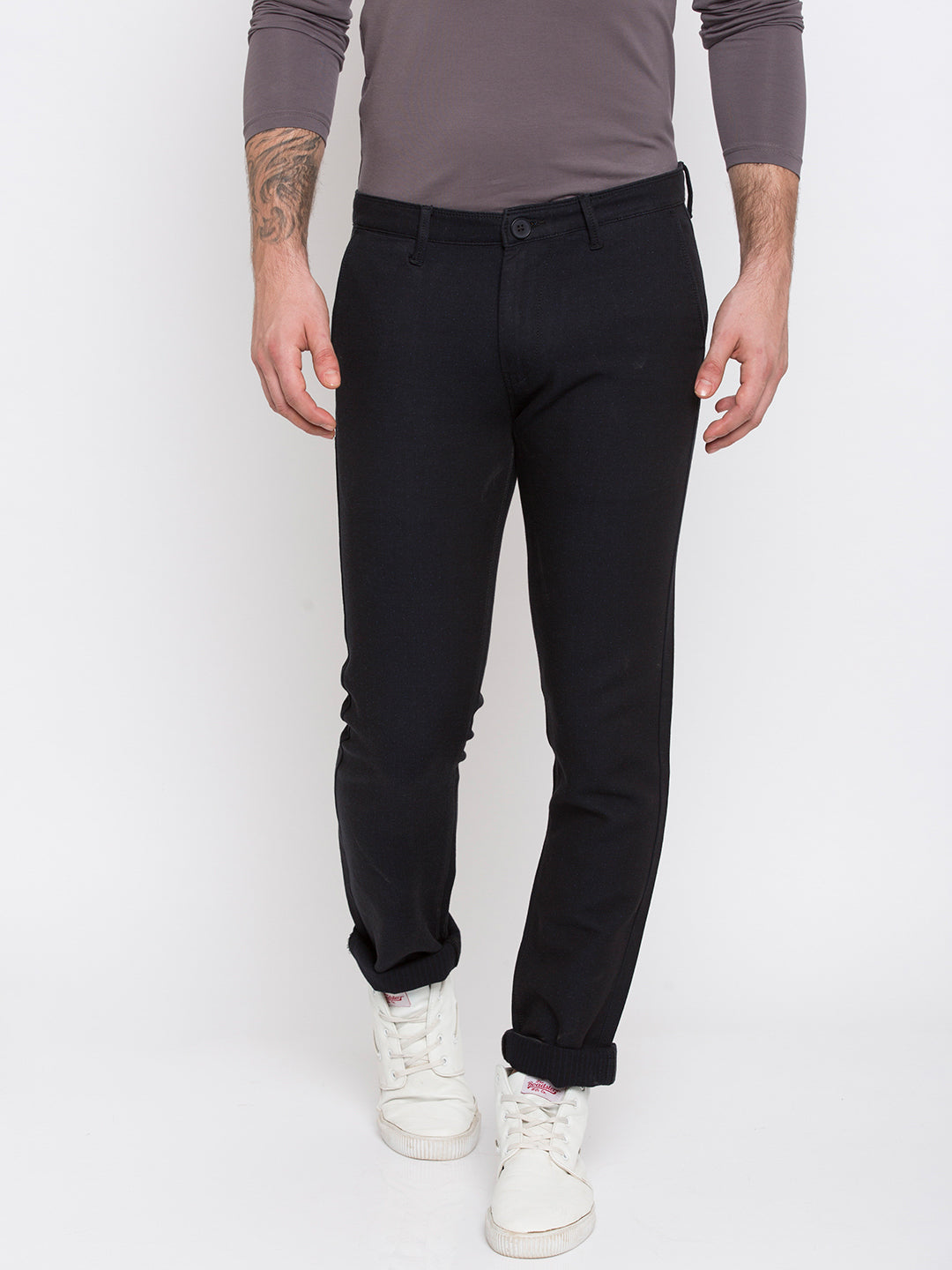 Spykar Men Black Cotton Slim Fit Casual Trousers