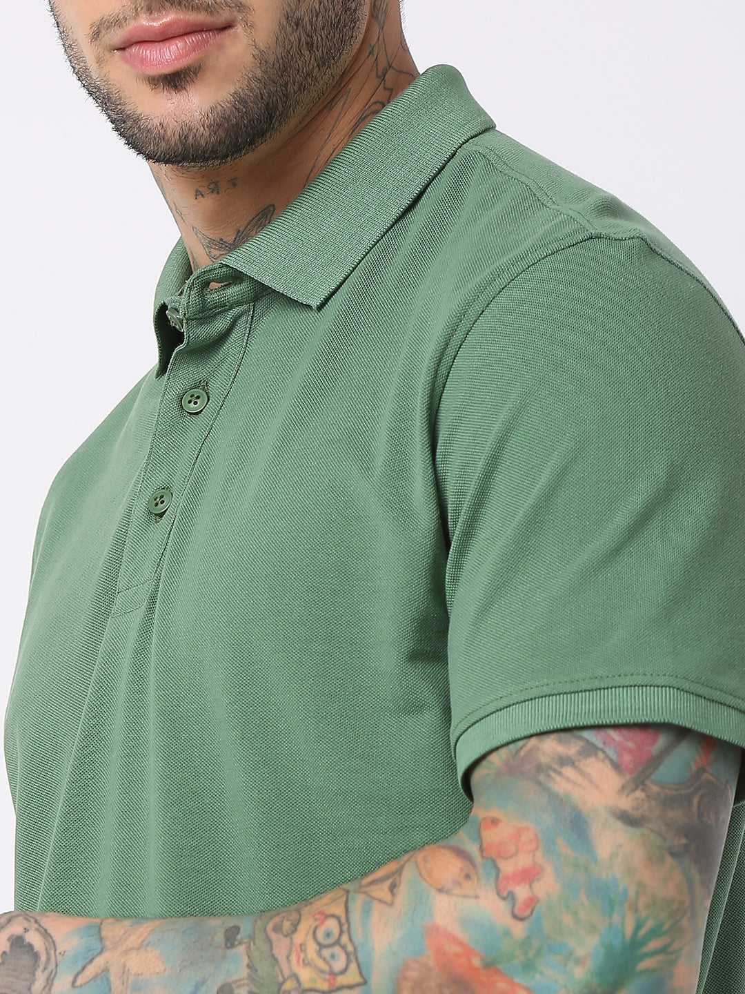 Spykar Men Dark Sage Green Cotton Regular Fit Polo Plain T-Shirt