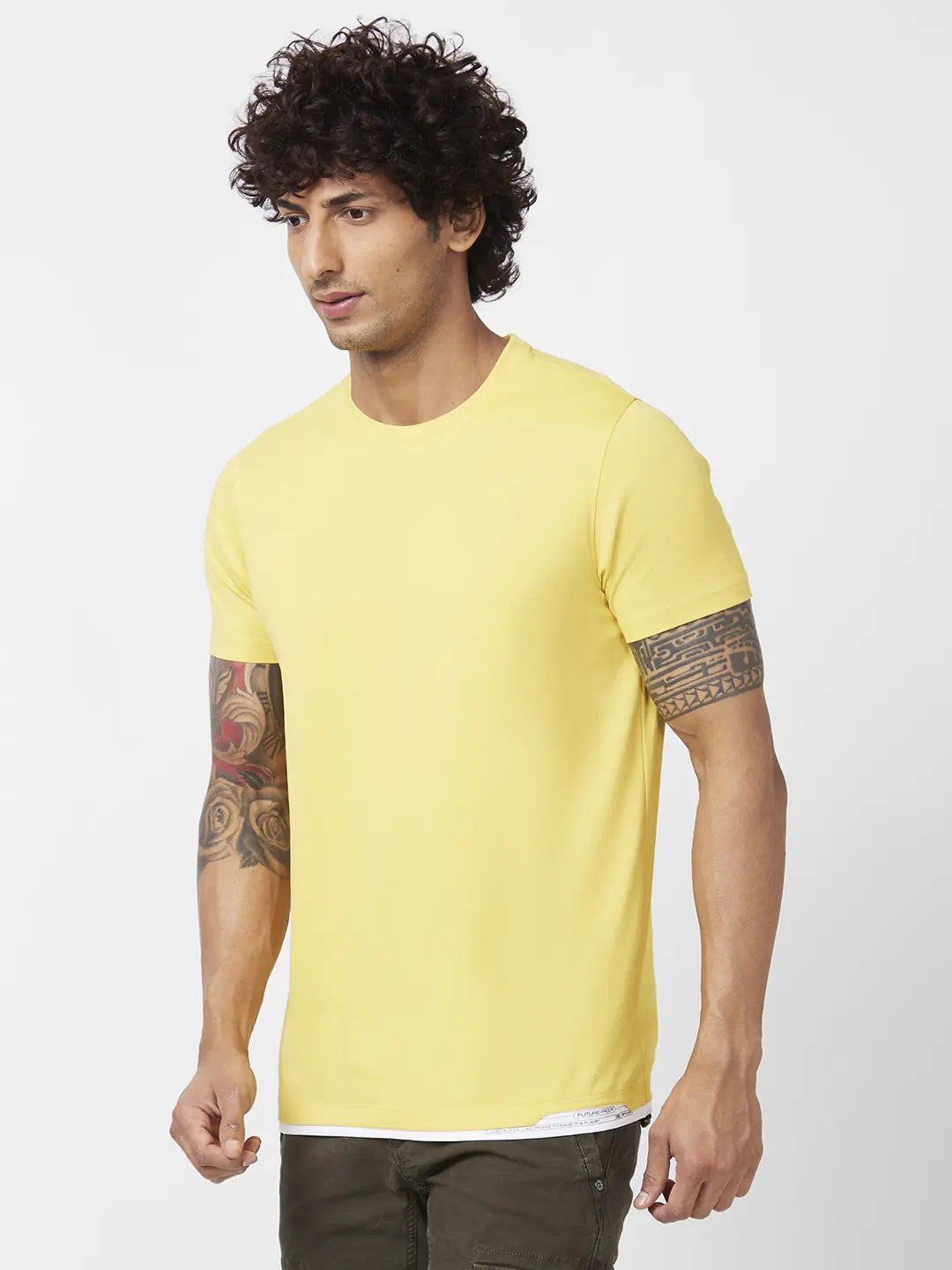 Buy OnlineSpykar Men Lemon Yellow Blended Slim Fit Half Sleeve Round Neck  Plain Tshirt