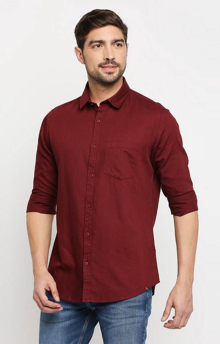 Spykar Men Maroon Cotton Regular Fit Full Sleeve Casual Shirt