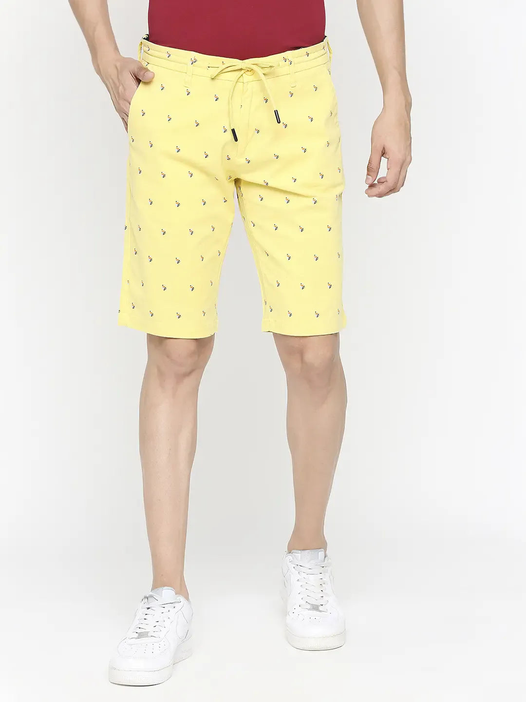 Spykar Men Lemon Yellow Cotton Slim Fit Printed Shorts