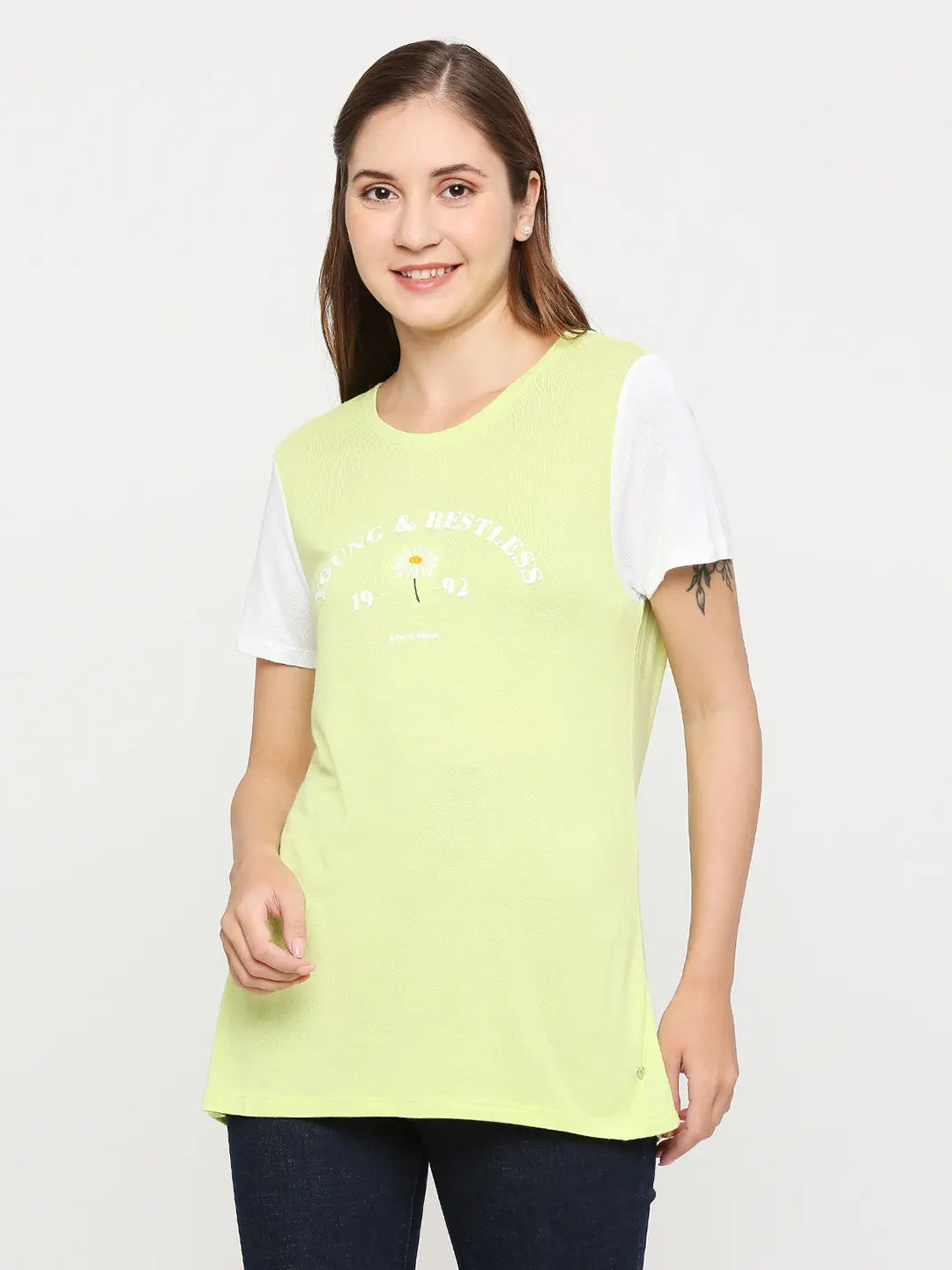 Spykar Women Pea Green Cotton Regular fit Round Neck Printed T-Shirts