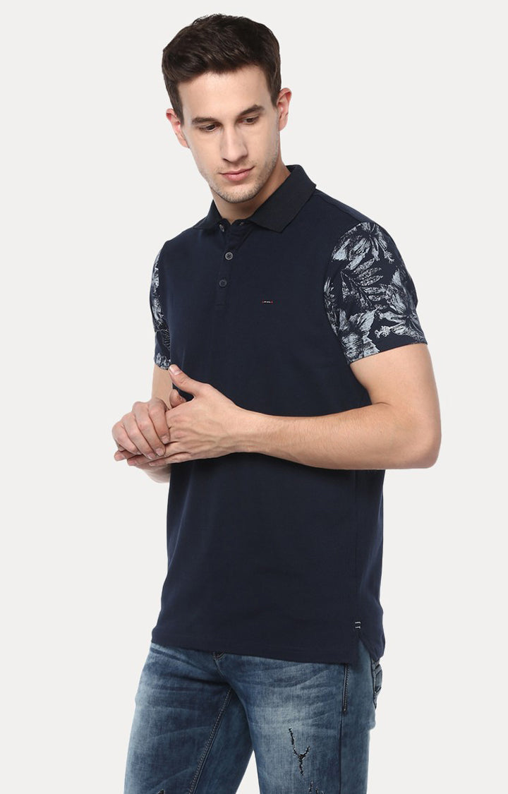 Spykar Navy Blue Solid Slim Fit Polo T-Shirt