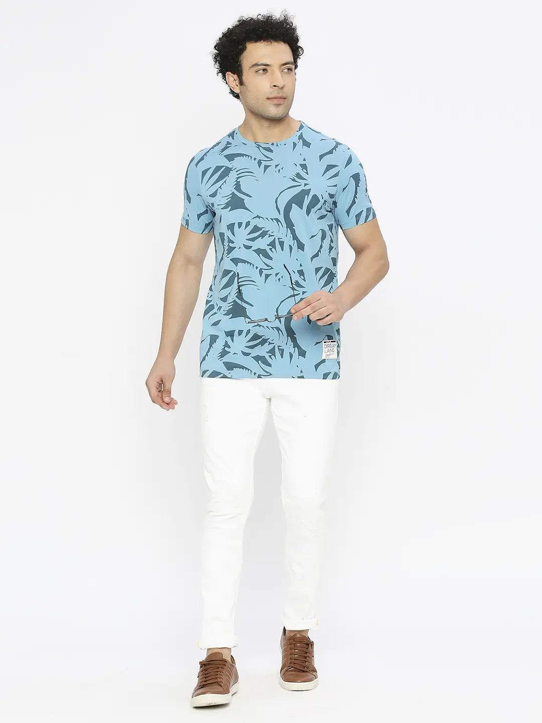 Spykar Men Haze Blue Blended Regular Fit Half Sleeve Floral Print Round Neck Tshirt