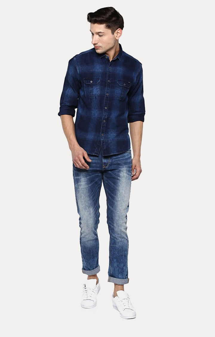 Spykar Men'S Blue Cotton Checked Casual Shirts