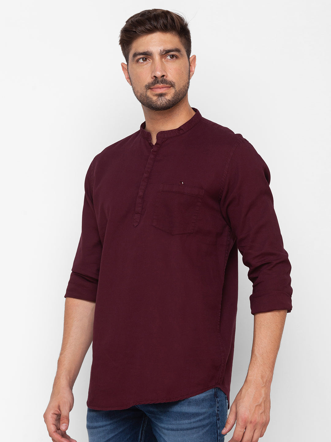 Spykar Wine Red Cotton Full Sleeve Plain Shirt For Men