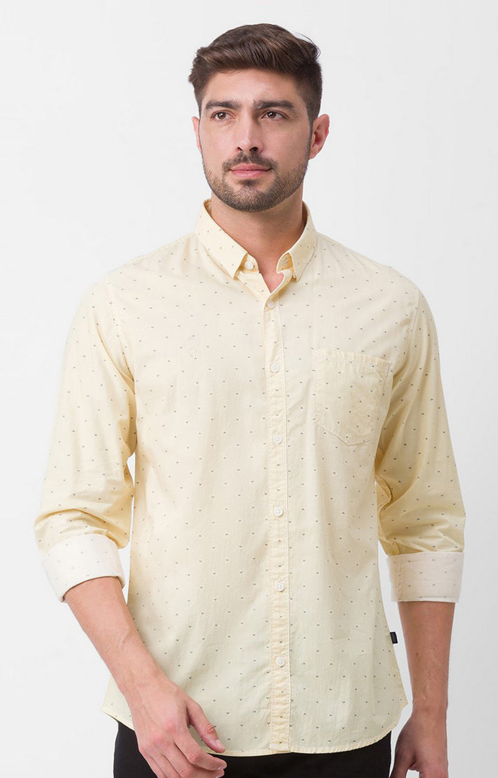 Spykar Butter Yellow Cotton Full Sleeve Printed Shirt For Men