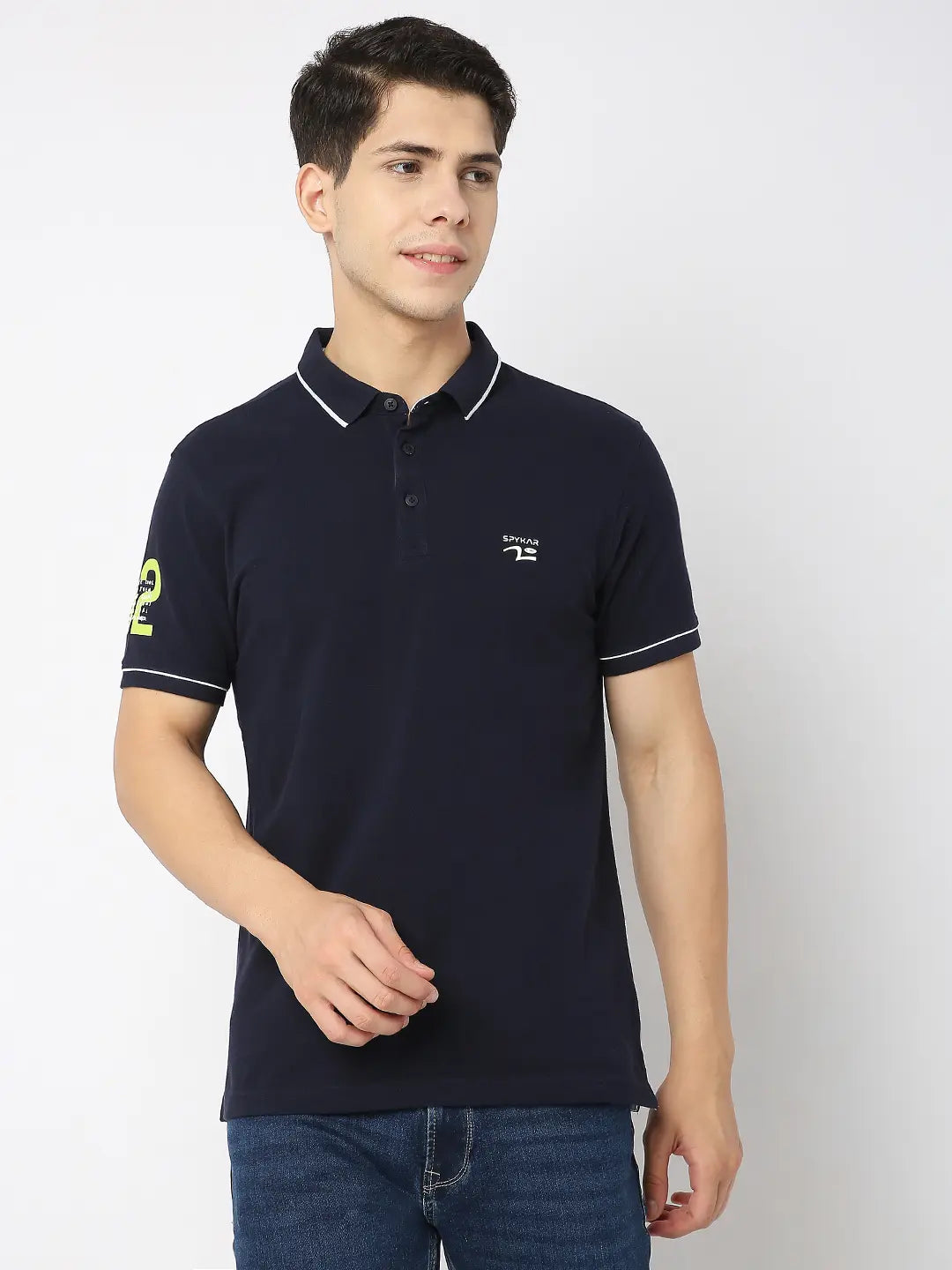 Spykar Men Navy Blue Cotton Regular Fit Plain Polo Tshirt