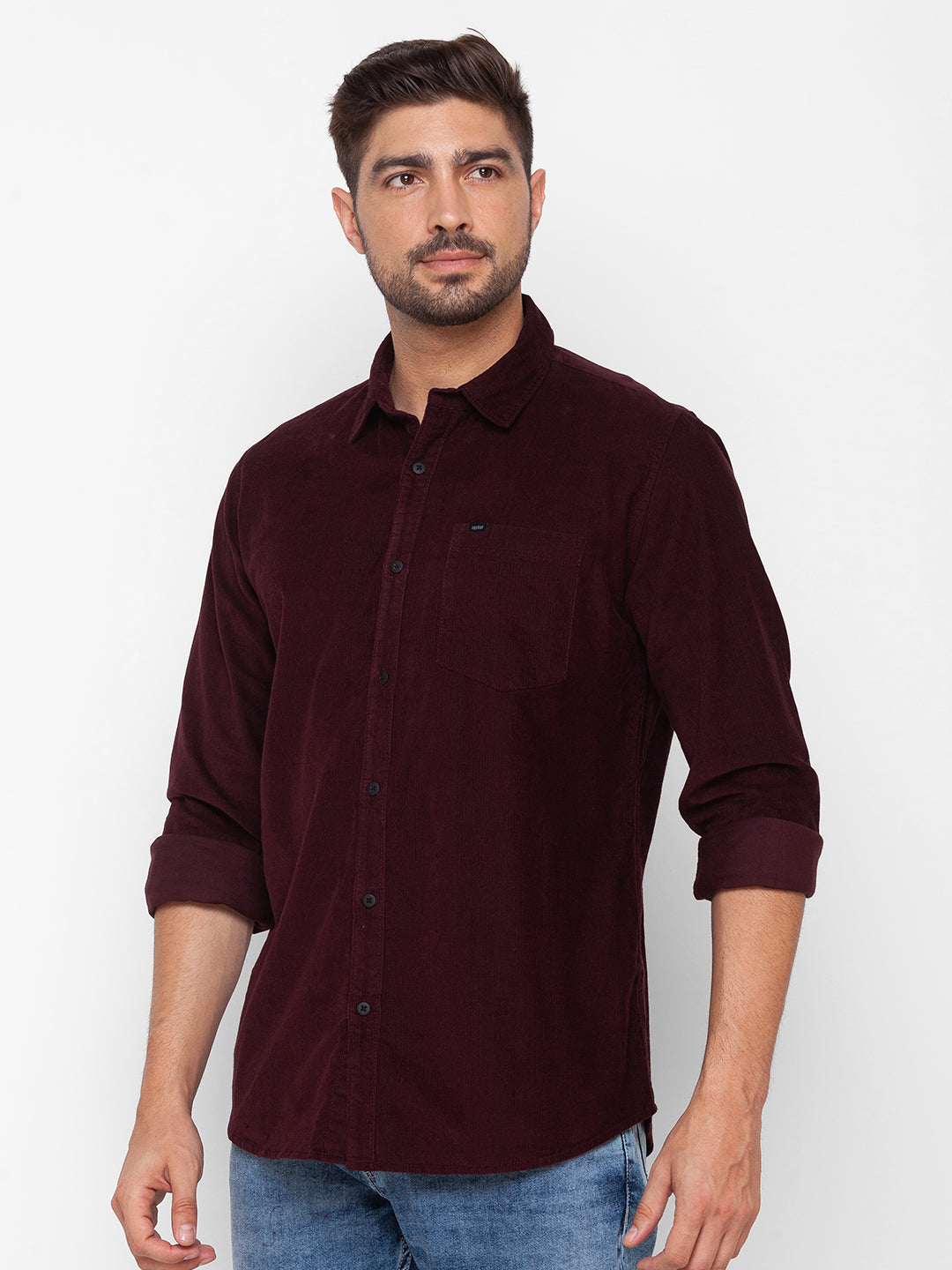 Spykar Wine Red Cotton Full Sleeve Plain Shirt For Men