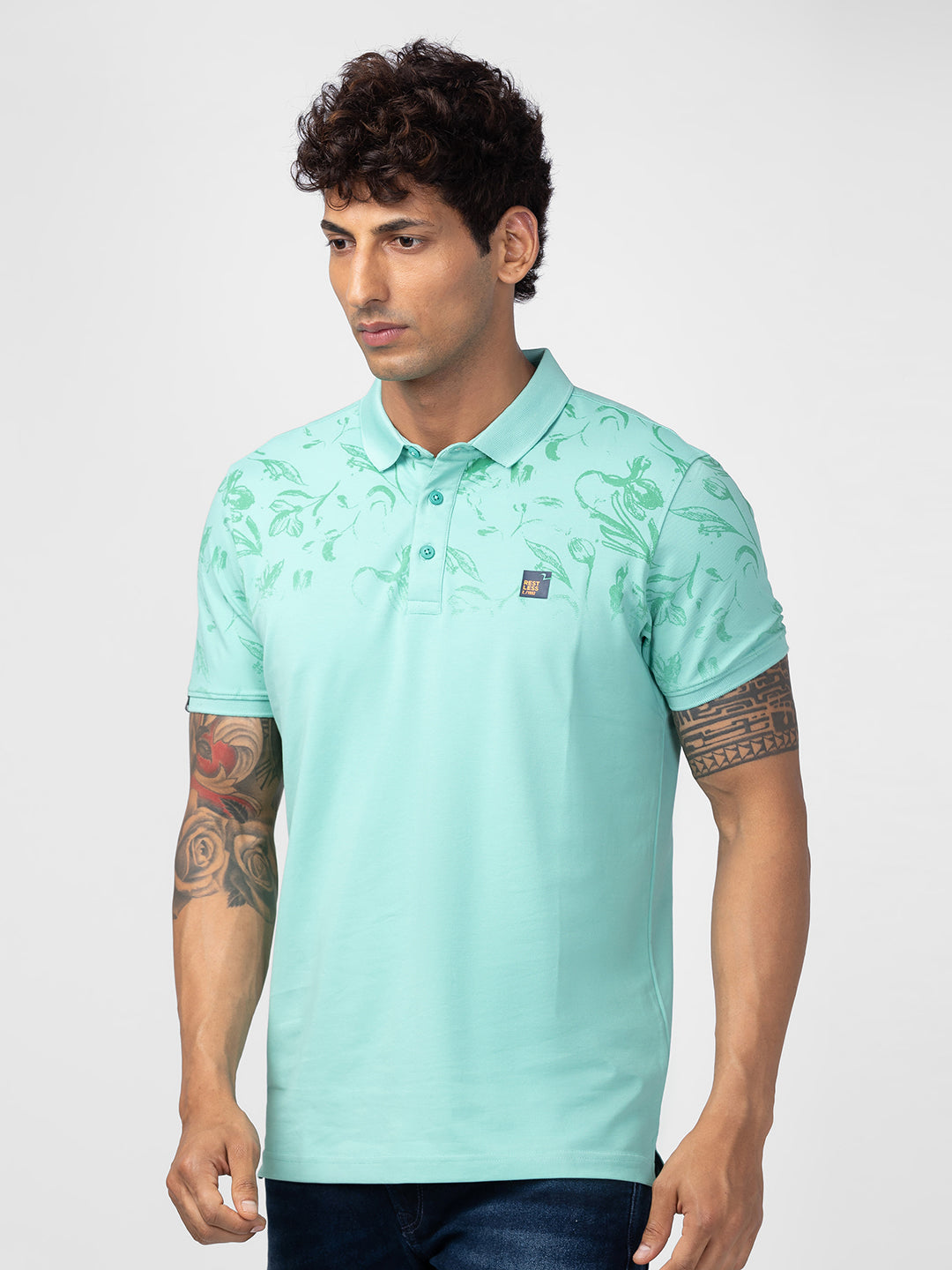 Spykar Men Ice Green Cotton Regular Fit Half Sleeve Printed Polo T-Shirt