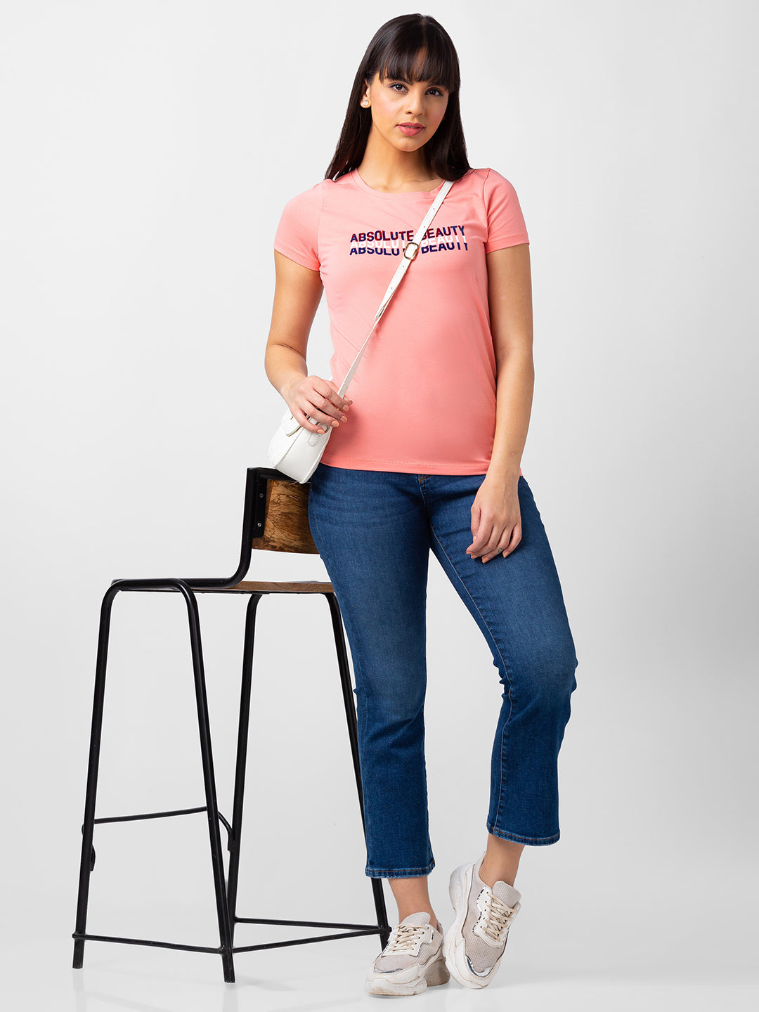 Spykar Women Dusty Peach Blended Regular Fit Half Sleeve Printed T-Shirts