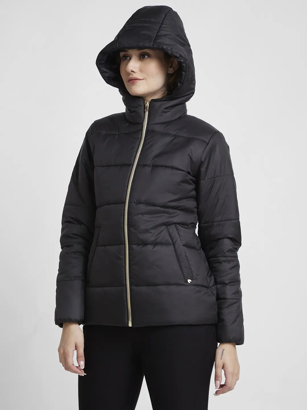 Spykar Women Black Regular Fit Hooded Plain Jacket