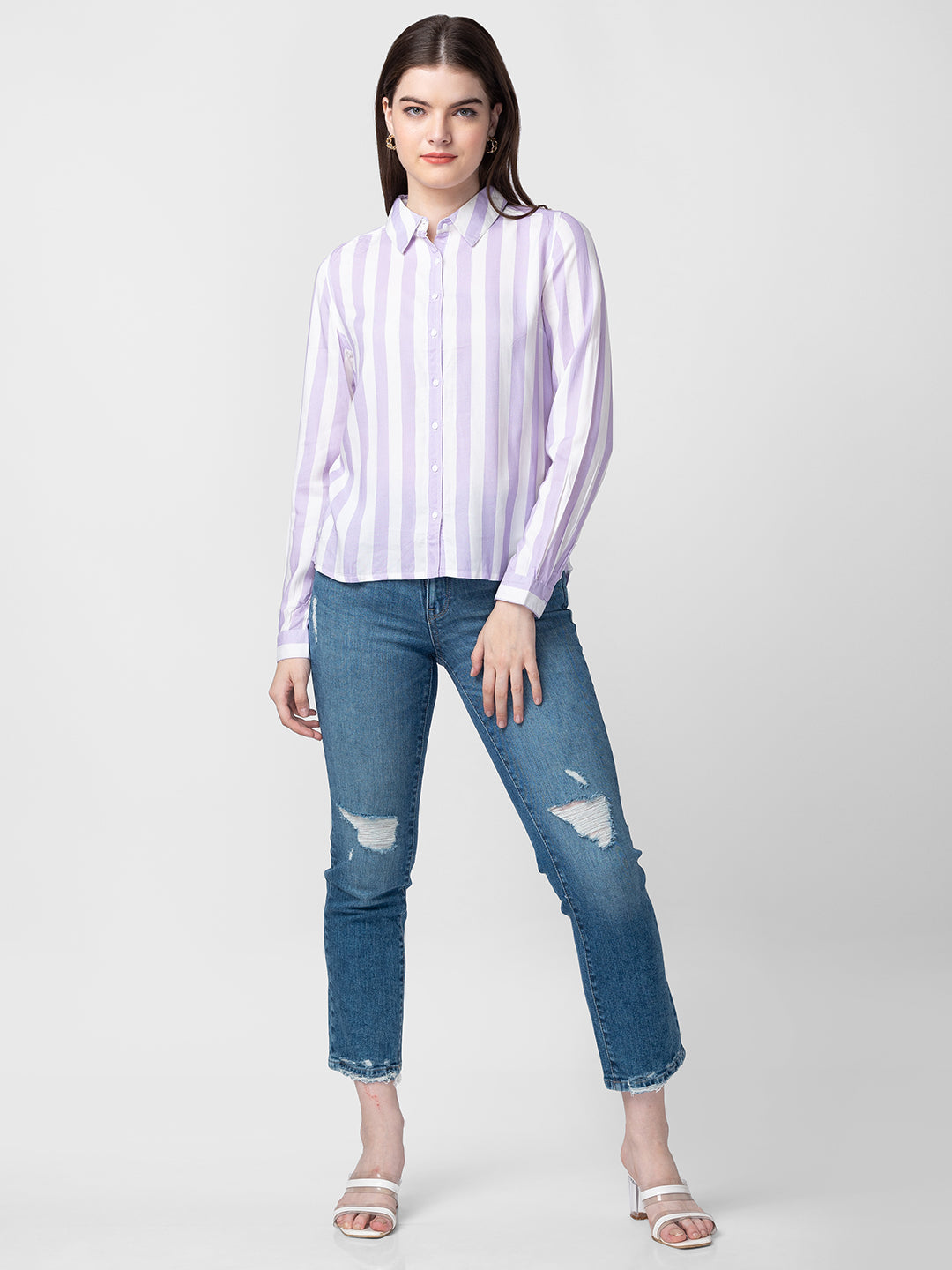 Spykar Women Lilac Cotton Slim Fit Striped Shirts