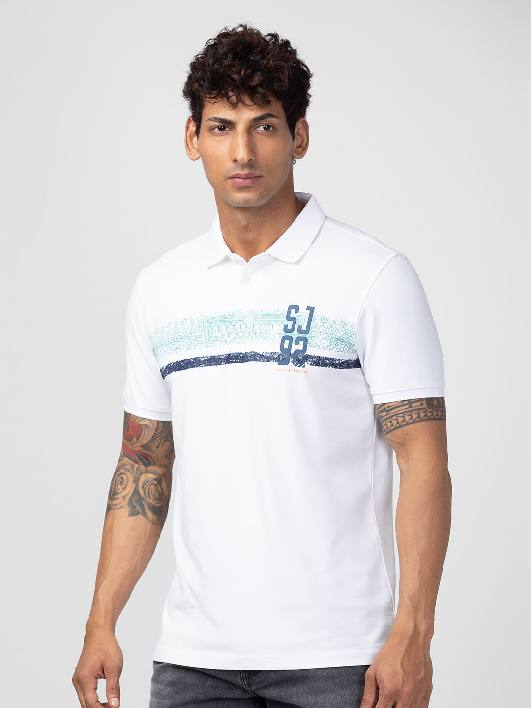 Spykar Men White Cotton Regular Fit Half Sleeve Printed Polo T-Shirt