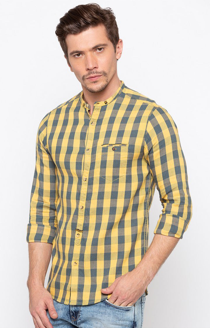 Spykar Men Yellow Cotton Slim Fit M and arin Collar Checkered Shirts