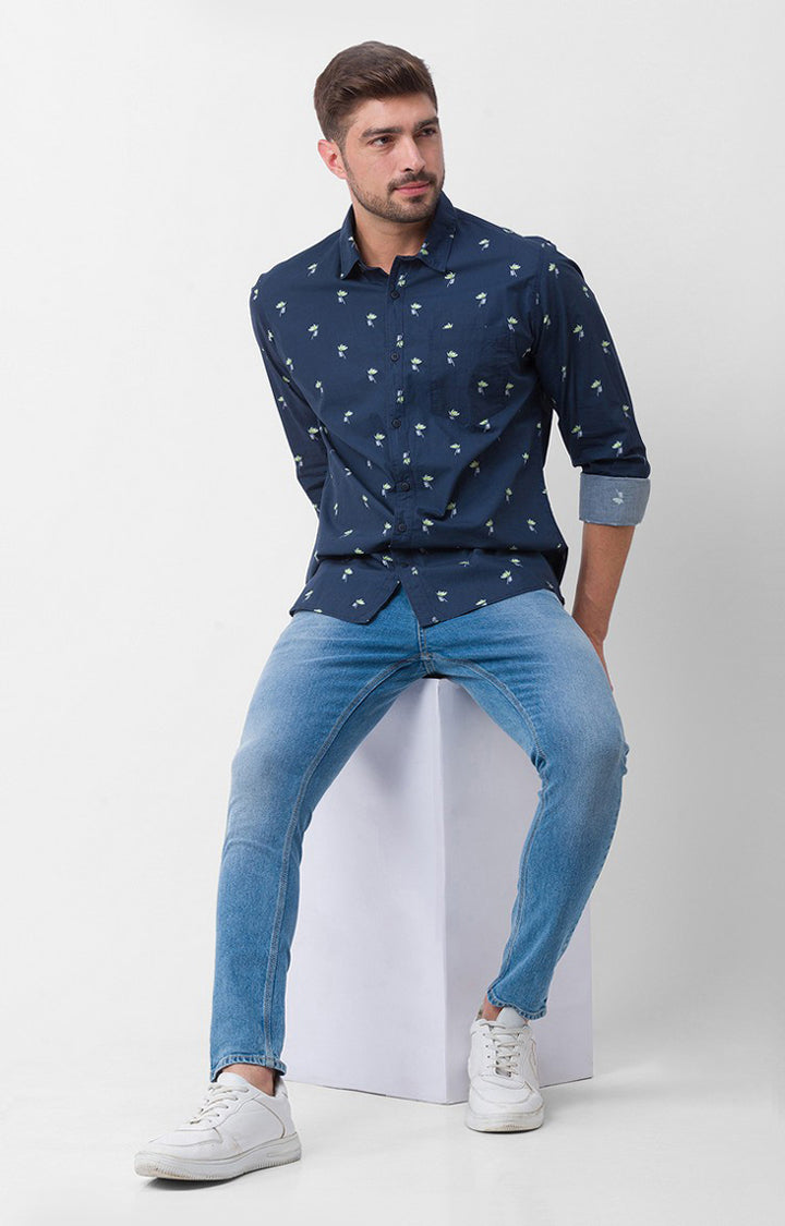 Spykar Navy Blue Cotton Full Sleeve Printed Shirt For Men