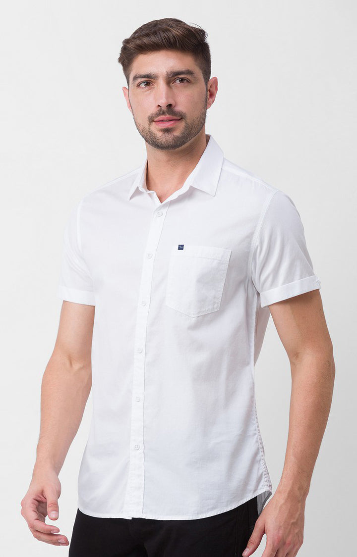 Spykar White Cotton Half Sleeve Plain Shirt For Men