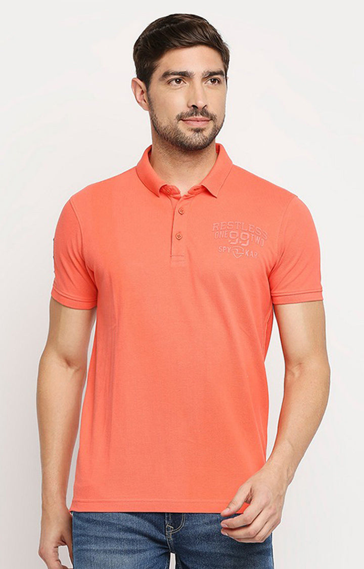 Spykar Men Orange Cotton Regular Polo T-Shirt