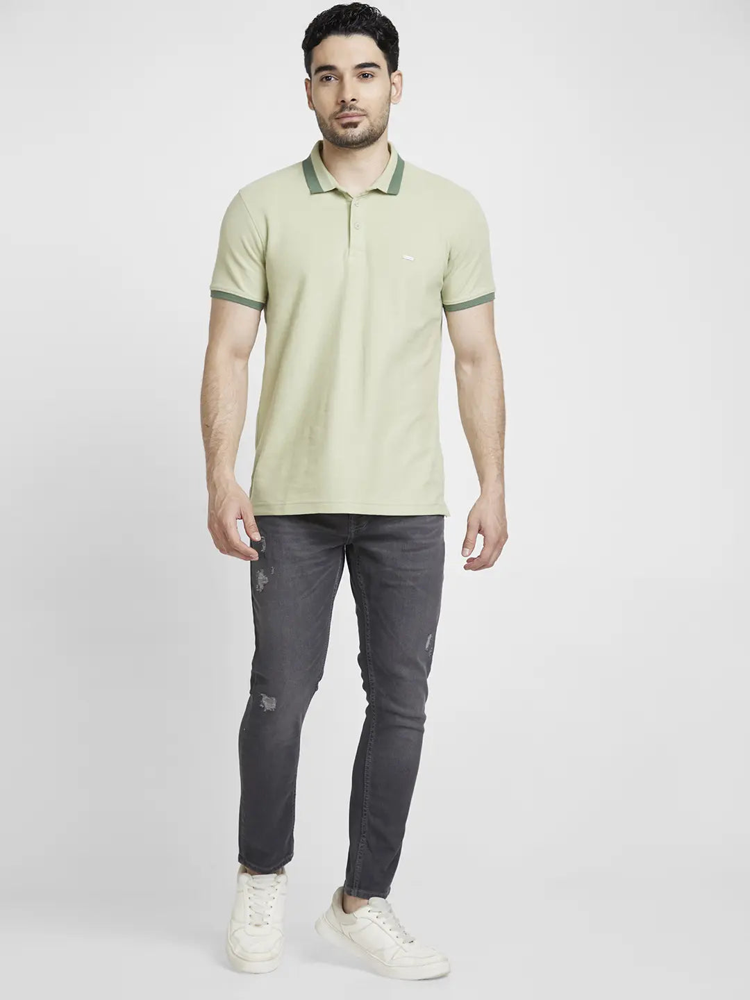 Spykar Men Dusty Pista Green Cotton Slim Fit Plain Polo Tshirt