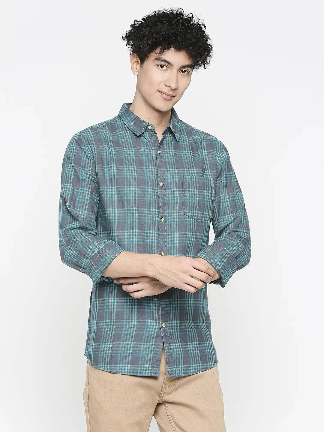 Spykar Men Mint Blue Cotton Slim Fit Checkered Shirt