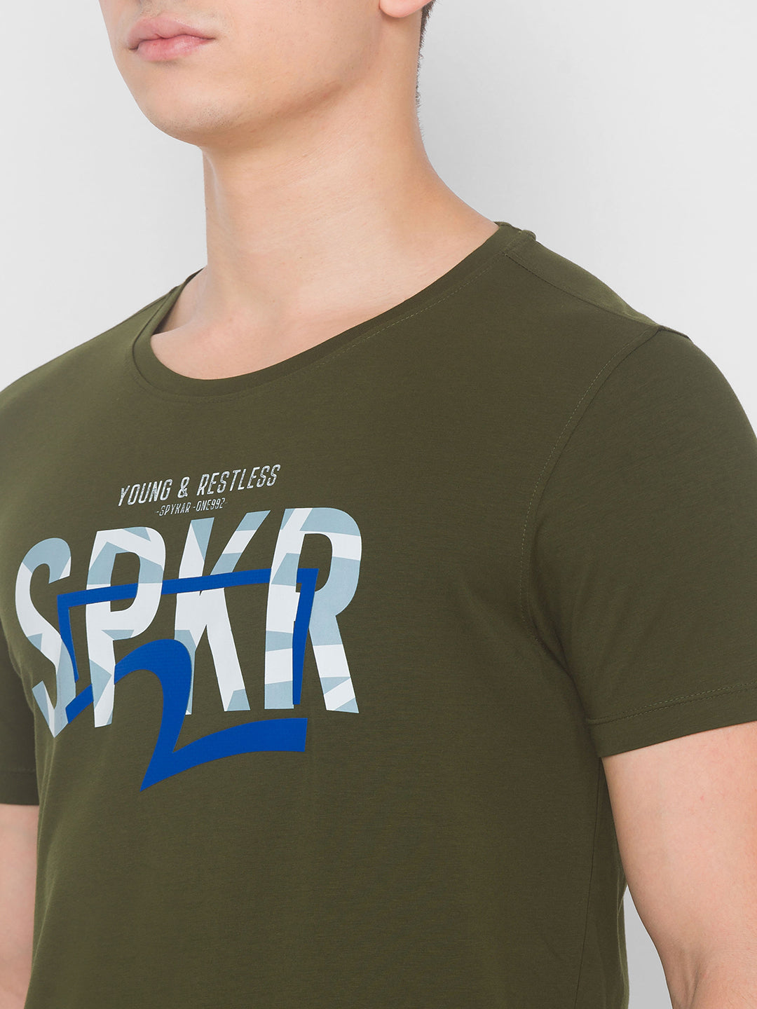 Spykar Men Green Cotton Slim Fit Round Neck T-Shirt