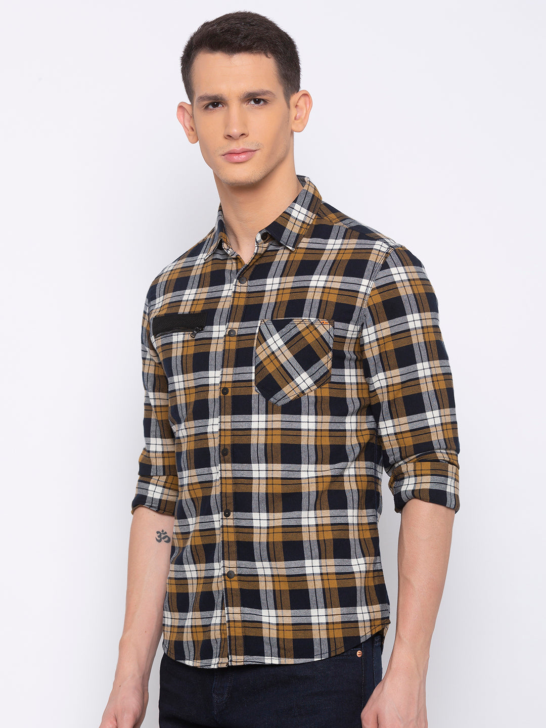 Spykar Men Khaki Checked Slim Fit Casual Shirt