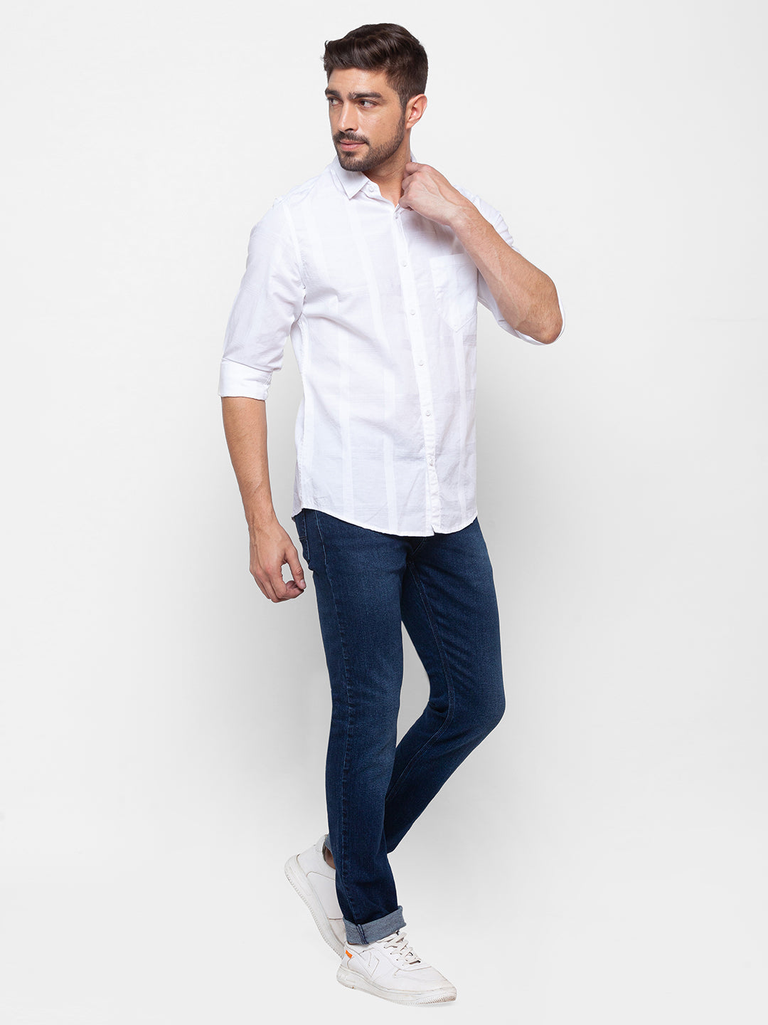 Spykar White Cotton Full Sleeve Plain Shirt For Men