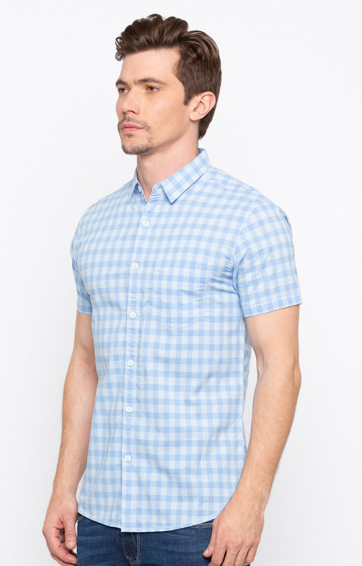 Spykar Men'S Blue Cotton Checked Casual Shirts