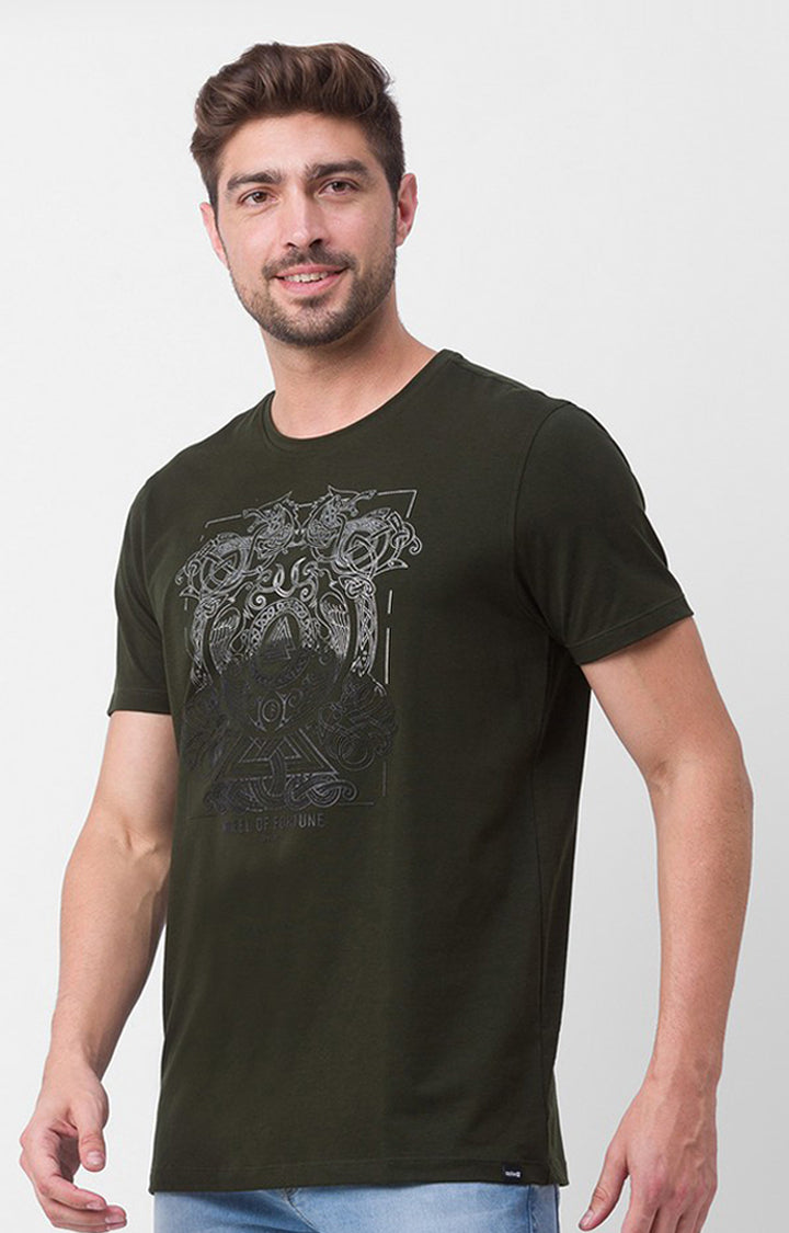 Spykar Dark Olive Green Cotton Half Sleeve Printed Casual T-Shirt For Men