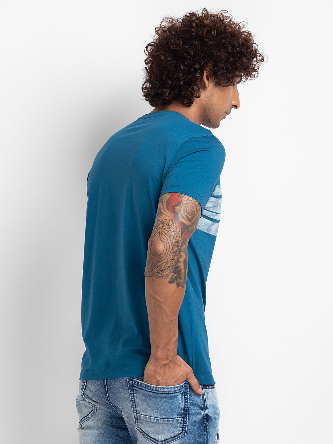 Spykar Men Light Teal Half Sleeve Printed Casual T-Shirt