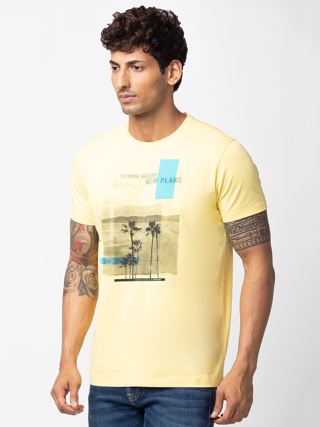 Spykar Men Yellow Cotton Regular Fit Half Sleeve Printed T-Shirt