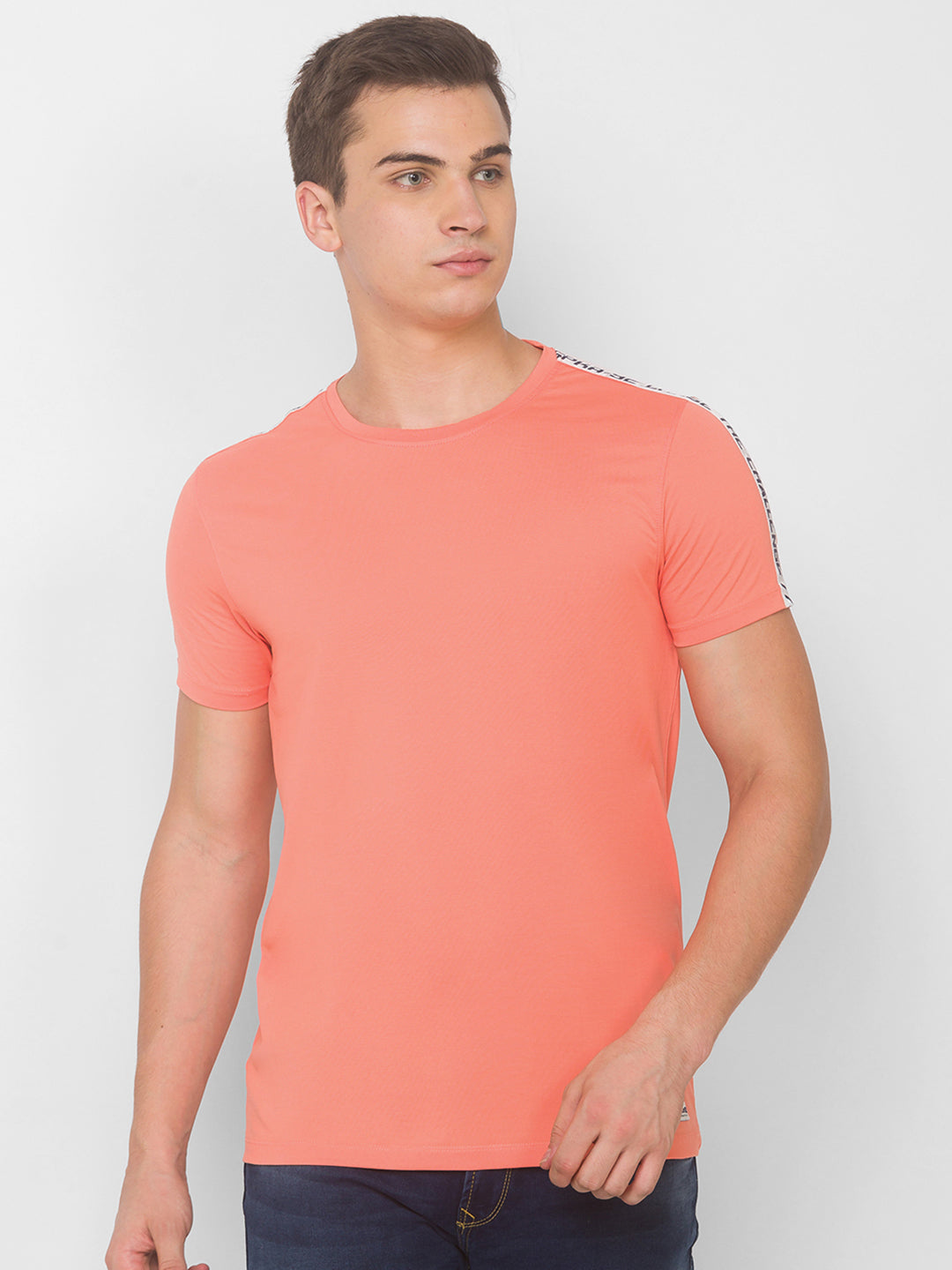 Spykar Men Pink Cotton Blend Slim Fit Round Neck T-Shirt