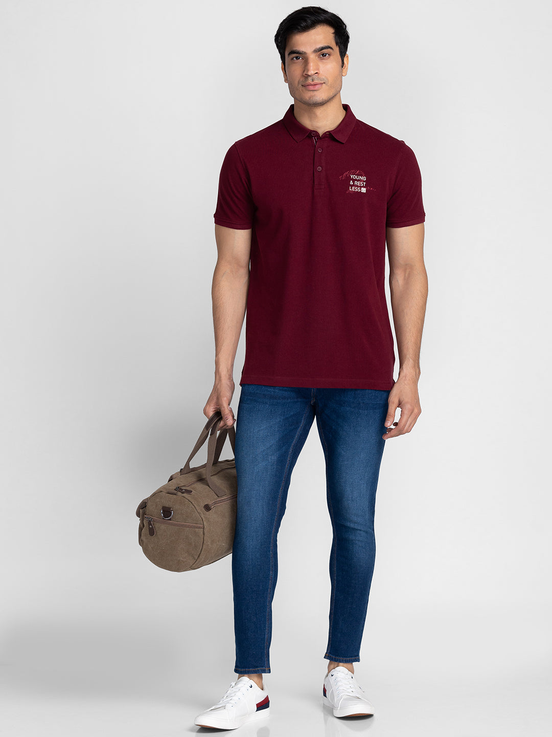 Spykar Men Wine Cotton Slim Fit Polo Plain T-Shirt