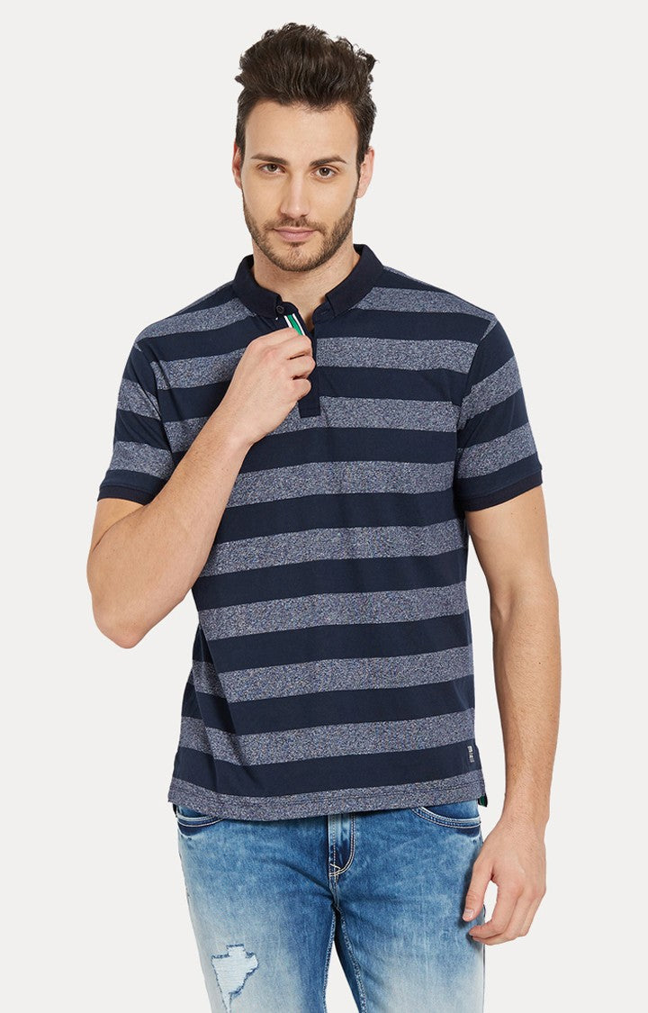 Spykar Navy Striped Slim Fit Polo T-Shirt