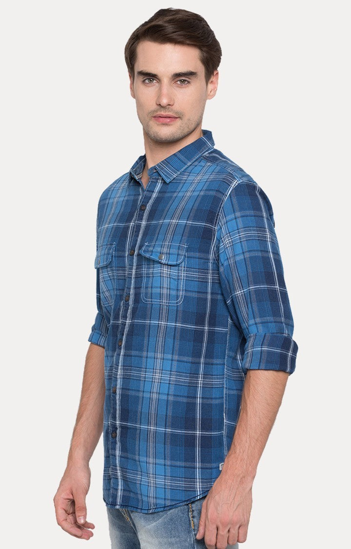 Spykar Men'S Blue Cotton Checked Casual Shirts