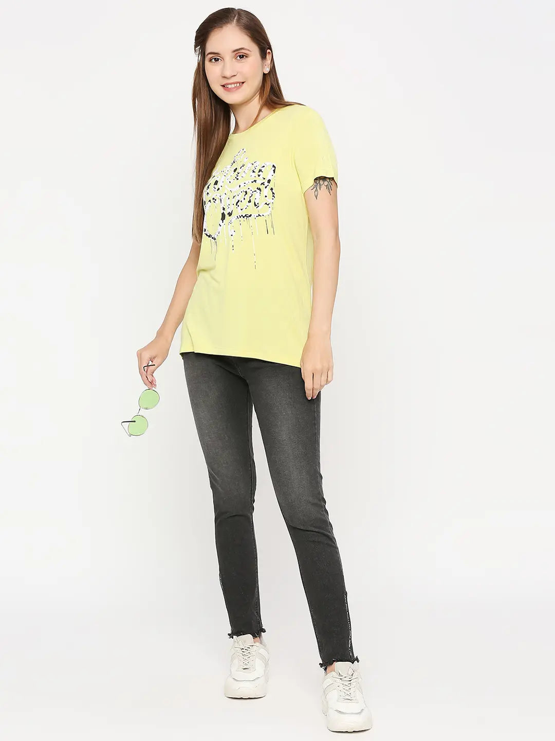 Spykar Women Lime Cotton Slim Fit Round Neck Printed Tshirt