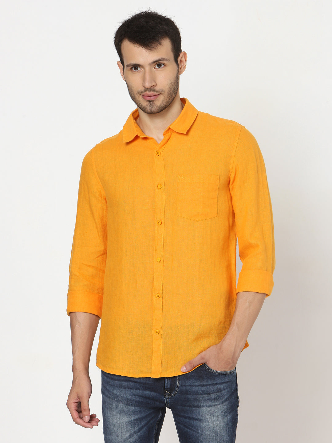 Spykar Slim Fit Men Yellow Cotton Casual Shirts