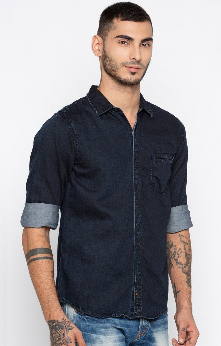 Spykar Blue Cotton Slim Fit Shirts For Men