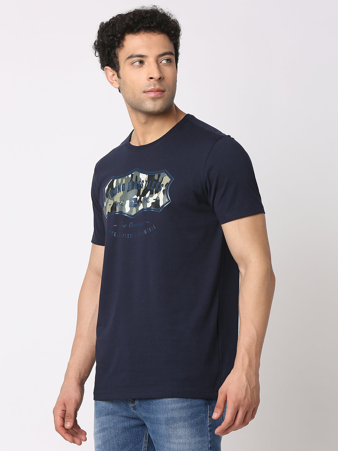 Spykar Men Navy Blue Cotton Slim Fit Round Neck Printed T-Shirt