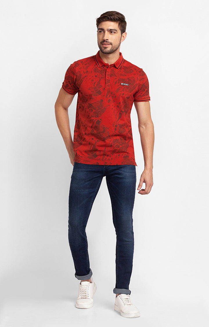 Spykar Brick Red Cotton Half Sleeve Printed Casual Polo T-Shirt For Men