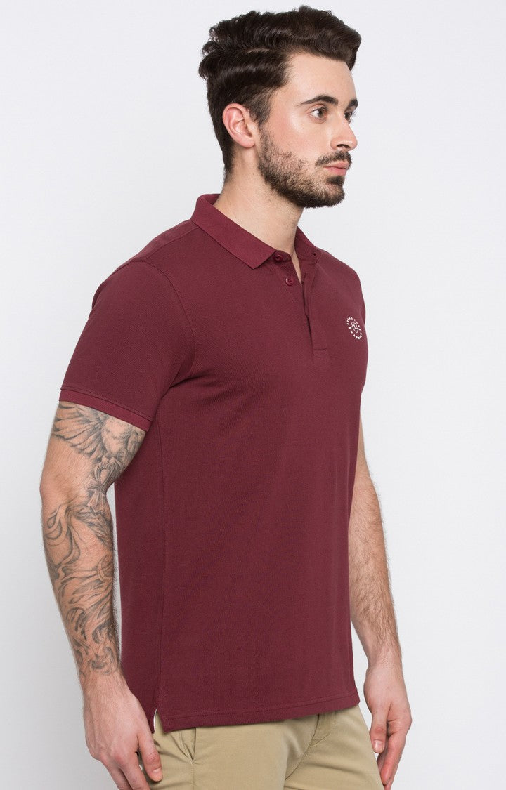 Spykar Wine Solid Slim Fit Polo T-Shirt